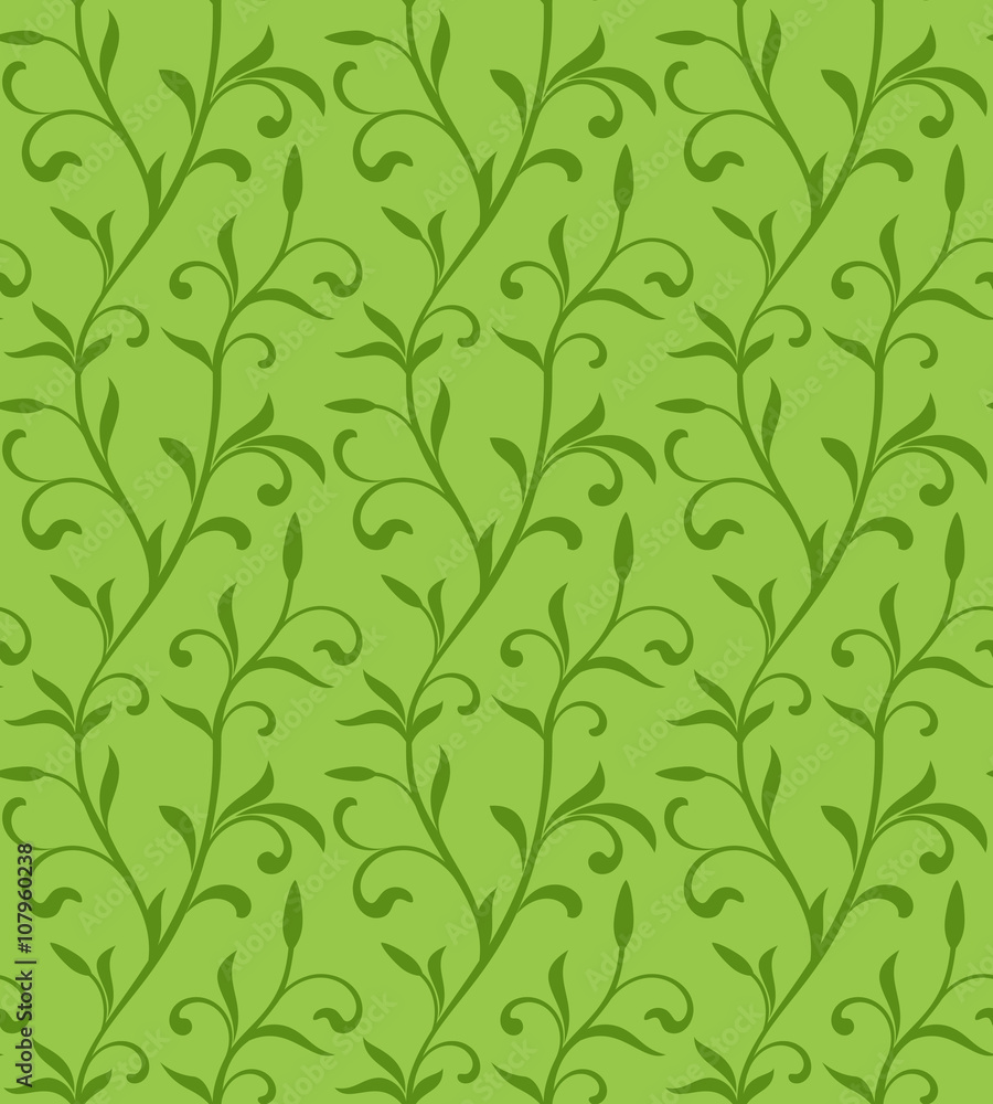 Seamless pattern with bent stem with leaves and buds on a green background Seamless pattern with bent stem with leaves and buds on a green background