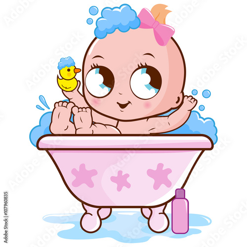 Baby girl in a bath tub taking a bath. Vector illustration