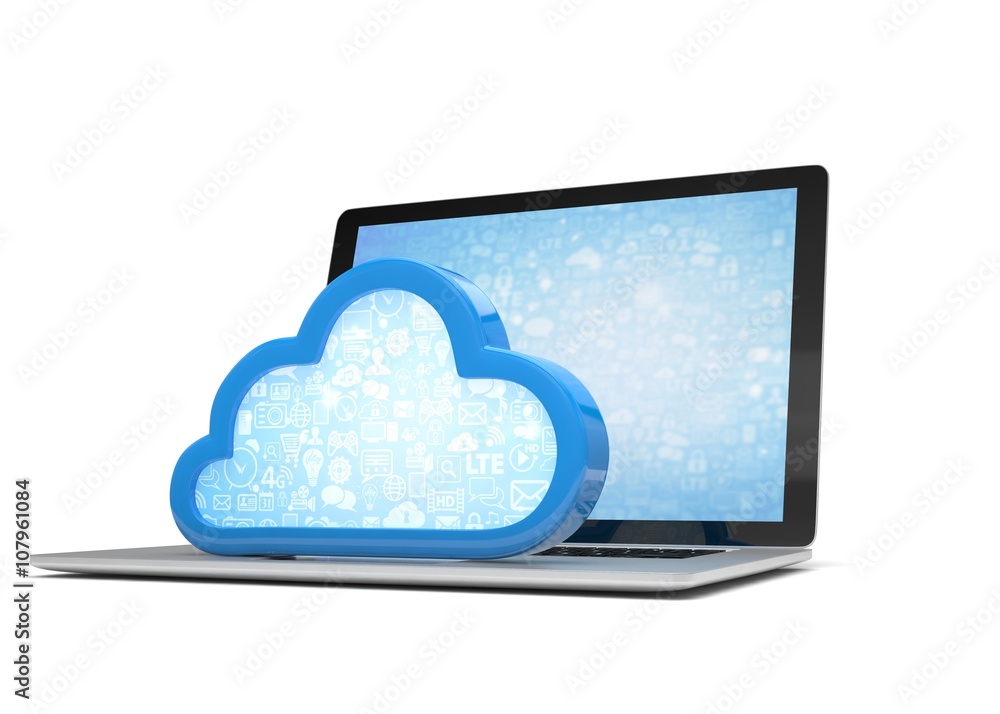 Laptop with cloud computing symbol on keyboard. 3d render Laptop with cloud computing symbol on keyboard. 3d render