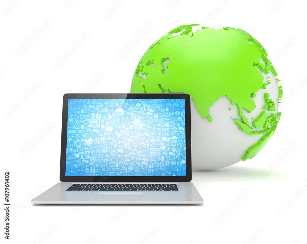 Laptop network and earth globe. 3d render Laptop network and earth globe. 3d render