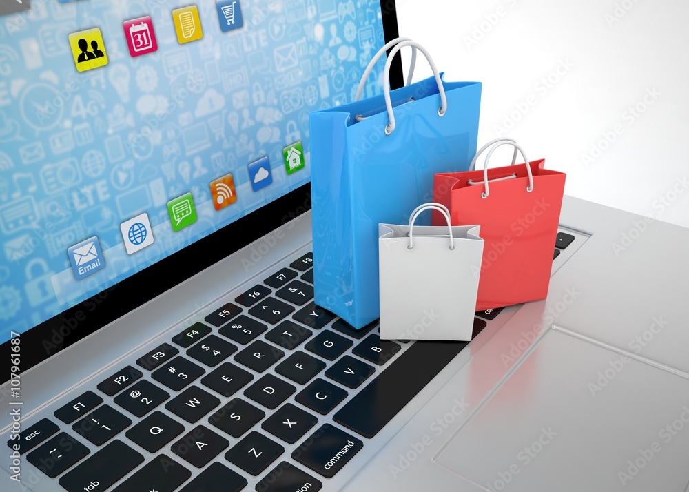 laptop and shopping pags on white background. 3d rendering. laptop and shopping pags on white background. 3d rendering.