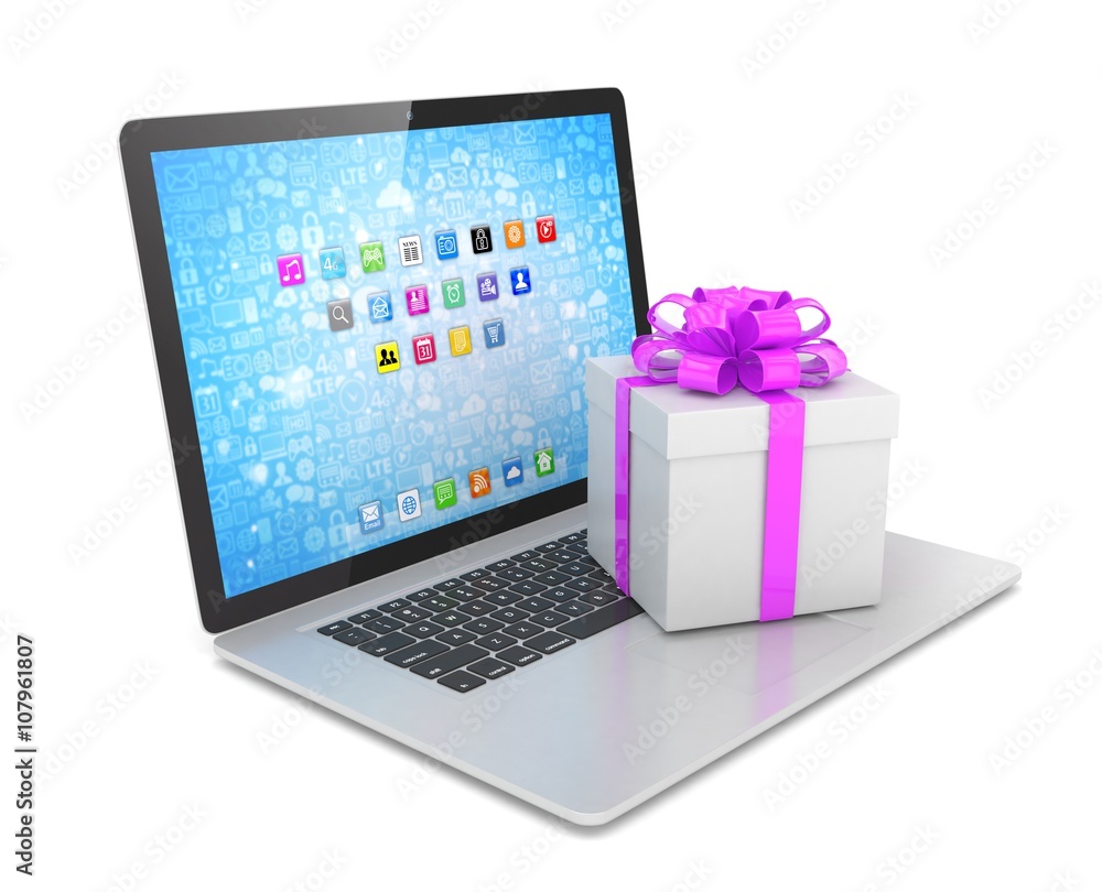 Gift box with ribbon on laptop keyboard. 3d rendering. Gift box with ribbon on laptop keyboard. 3d rendering.