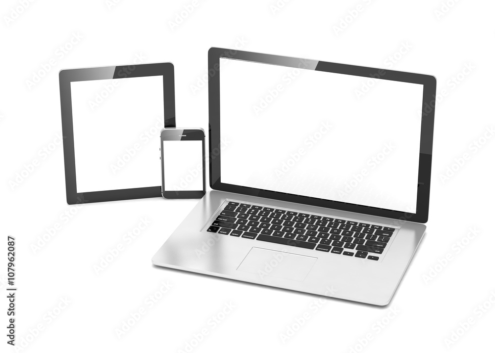 laptop, tablet, phone, on white. 3d rendering.