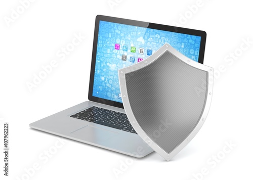 Free Download Laptop and shield on white, computer security concept. 3d rendering. - GFXLoad