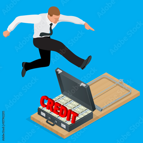 Businessman trying to avoid credit finance banking.  Flat 3d isometric business concept. 