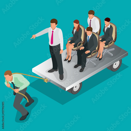 Team work. Business concept. Group of people, team pulling line, playing tug of war. Flat 3d isometric vector illustration.