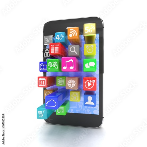  application software icons extruding from smartphone, isolated on white. 3d rendering.