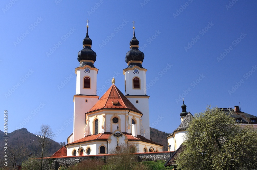 Aschau baroque church on early spring, Bavaria, Germany