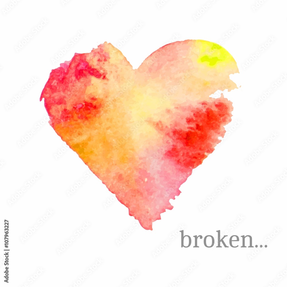 Vector broken heart made of watercolor. Handdrawn mood emblem. Abstract background in red, pink and yellow colors. Holiday vector illustration.