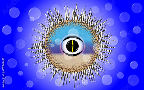 Beach inside reptile eye with bubbles in blue water