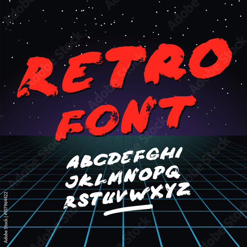 Retro font on light grid background. Vector alphabet