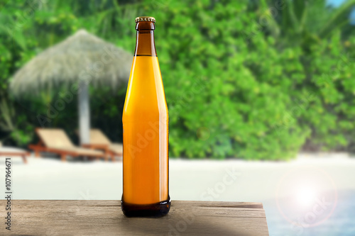 Bottle of cold fresh beer on table  on nature background