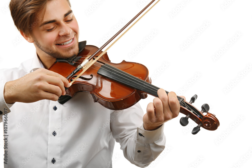 Handsome man plays violin isolated on white background, close up Handsome man plays violin isolated on white background, close up