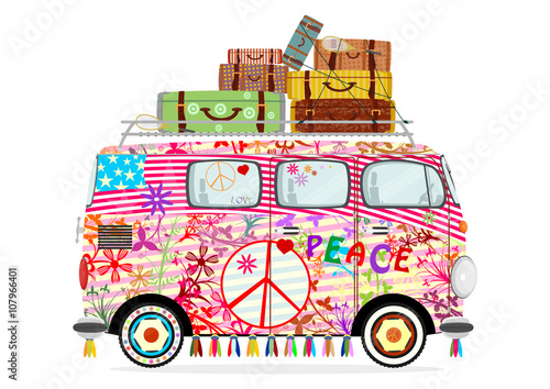 Funny cartoon hippie bus on a white background. Flat vector
