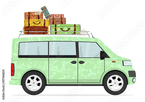 Funny cartoon hippie bus on a white background. Flat vector