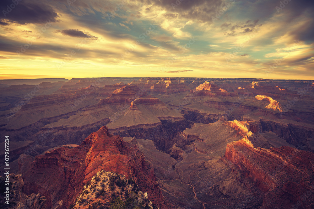 Vintage toned sunset over Grand Canyon, Arizona, USA.