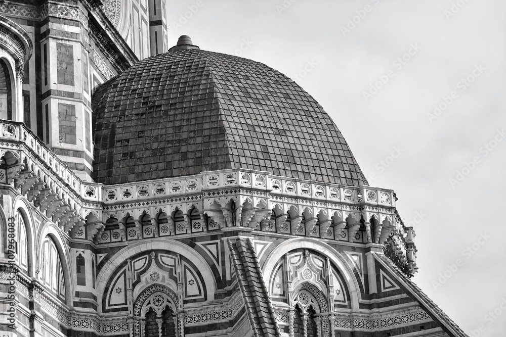 The most famous cathedral in Florence, Santa Maria in Fiore, Italy; photo with black and white effect.