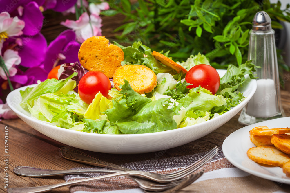 Mixed salad with croutons. Mixed salad with croutons.