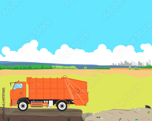 Garbage truck came out of the city to the landfill to unload garbage. Cleaning equipment. Vector illustration