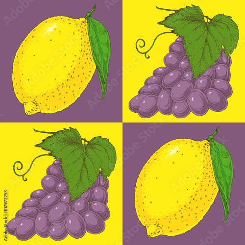 Seamless Pattern with Purple Grapes and Yellow Lemons