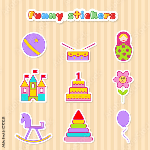Set of vector stickers of toys.