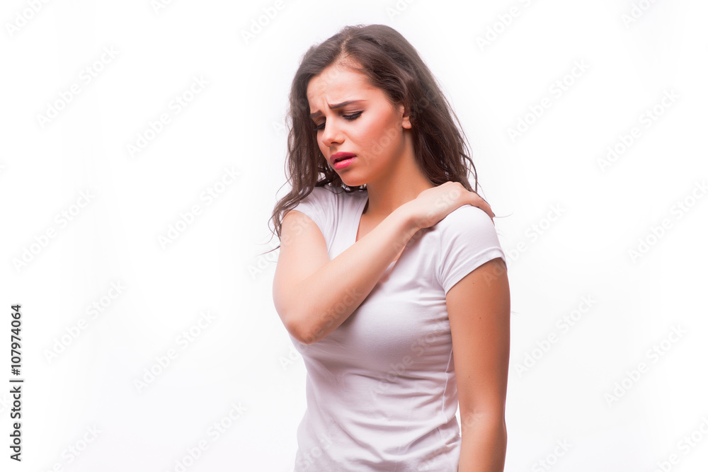 healthy girl got neck pain and back pain isolated on white background healthy girl got neck pain and back pain isolated on white background