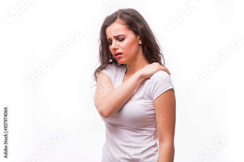 healthy girl got neck pain and back pain isolated on white background