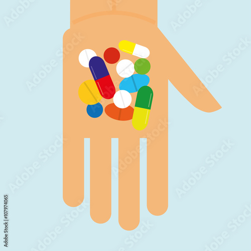 Stylized hand holding a variety of pills,tablets and capsules that might be narcotics or prescribed drugs