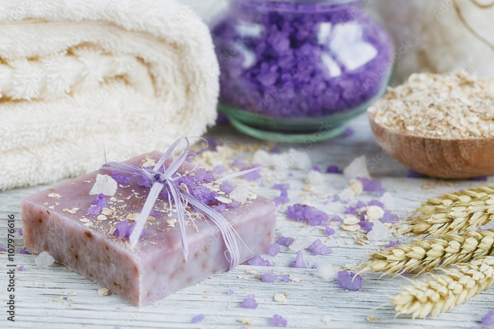 Natural handmade soap, sea salt, towel, oat flakes and wheat ear Natural handmade soap, sea salt, towel, oat flakes and wheat ear