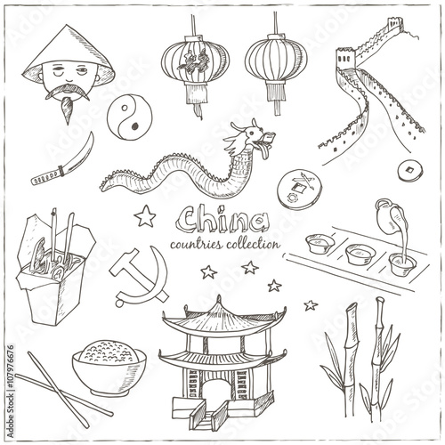 Hand drawn doodle China symbols set.