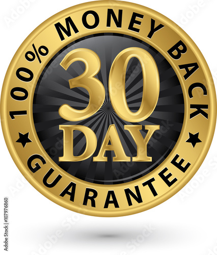 30 day 100% money back guarantee golden sign, vector illustratio