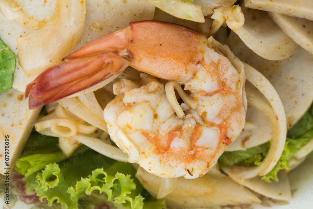 Spicy Shrimp Thai food yum spicy pork and shrimp with onion and lettuce. hot and spicy Spicy Shrimp Thai food yum spicy pork and shrimp with onion and lettuce. hot and spicy