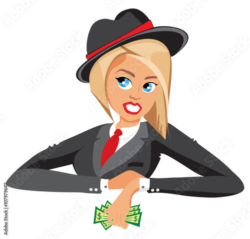 Cartoon female in suit with cash