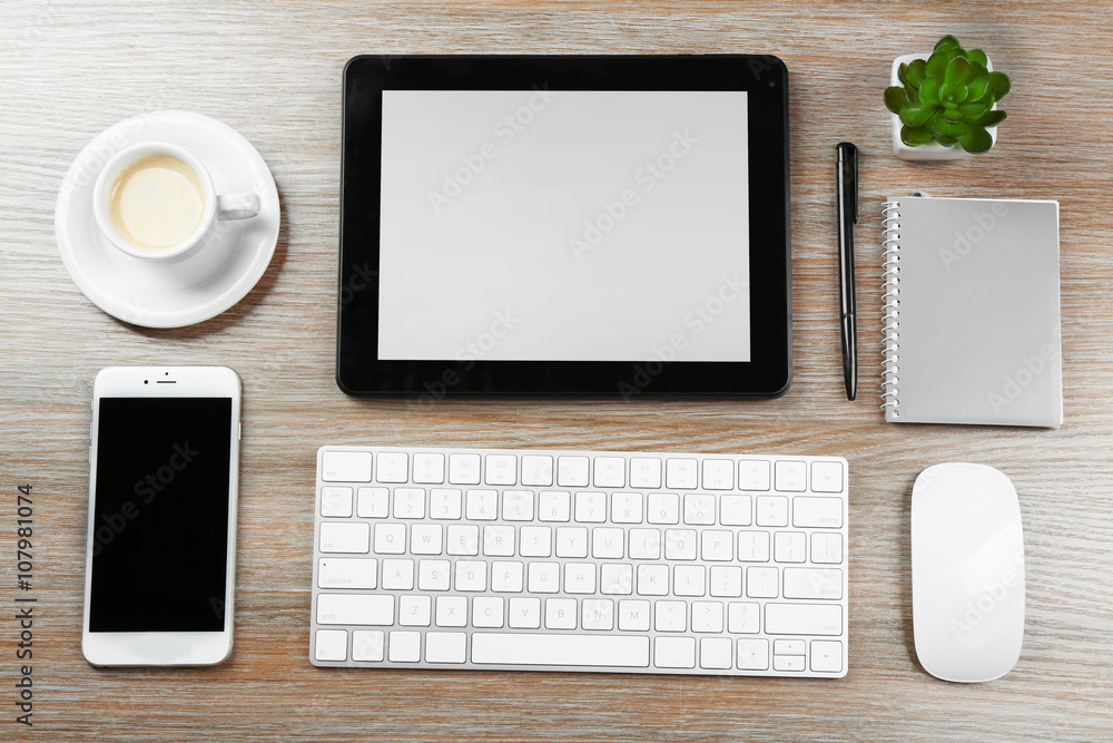 Flat lay of workplace in office with business accessories Flat lay of workplace in office with business accessories