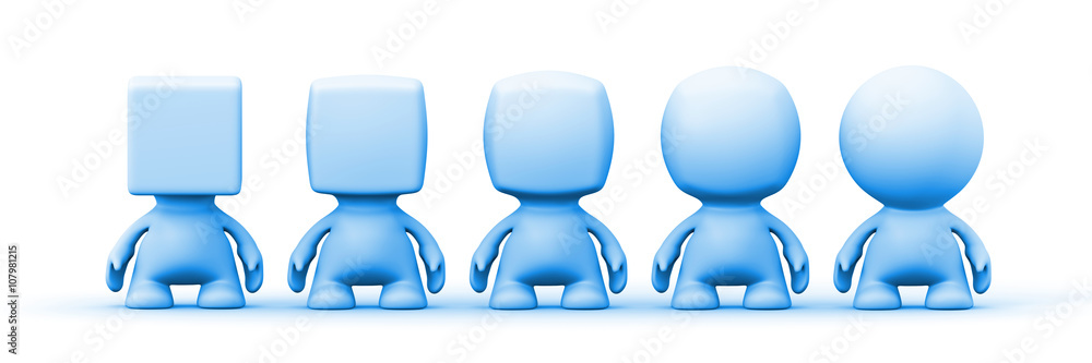 five blue human 3d people with heads shaped from spherical to cubical in front of a white background five blue human 3d people with heads shaped from spherical to cubical in front of a white background