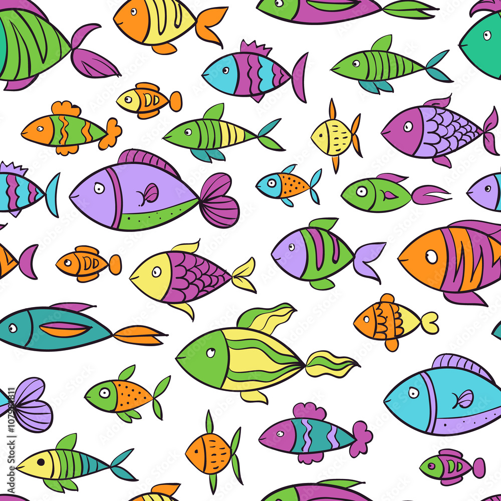 Obraz premium Hand drawn colorful seamless pattern with fishes