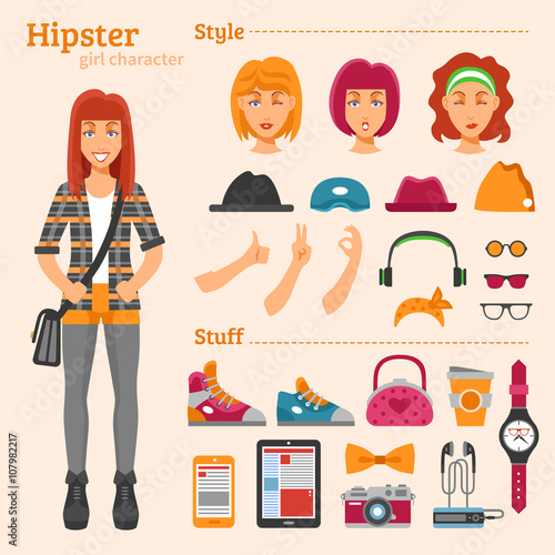 Hipster Girl Character Decorative Icons Set 