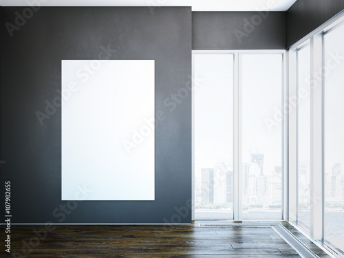 White canvas on dark wall in modern interior. 3d rendering