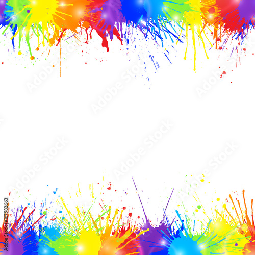 Bright colorful background with rainbow colored paint splashes and space for text. Seamless borders. Vector illustration.