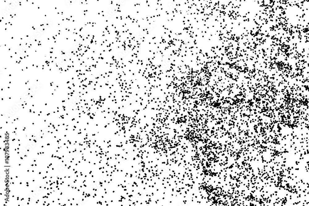 Grainy grunge abstract texture on white background. Random spread of black sparkles. Black glitter blow explosion on white background. Randomly sprayed twinkles and drops.