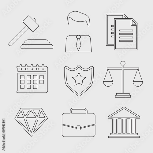 Law and justice thin line vector icons. The legal system, judge, police and lawyer vector illustration