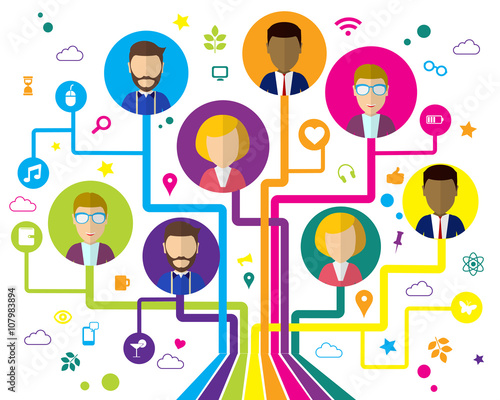 Communication tree with rounded corner. Office workers in a flat style