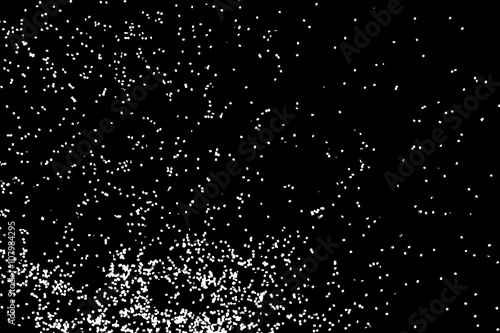 Falling snow on the black background. Magic night sky with stars pattern. Christmas Holiday mood background. New Year weather background.