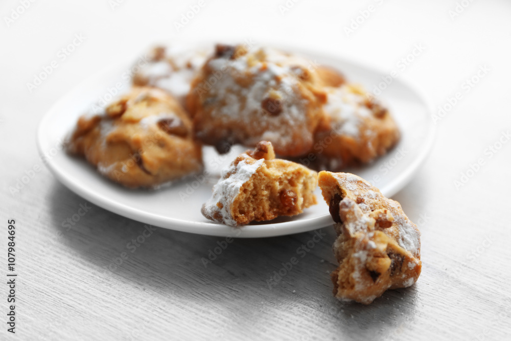 Plate of nut biscuits on wooden background, closeup Plate of nut biscuits on wooden background, closeup