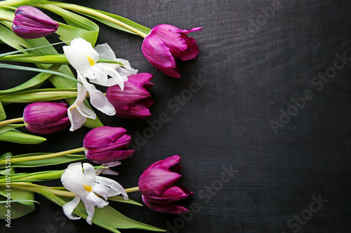 Fototapeta Naklejka Na Ścianę i Meble -  Fresh violet tulips and irises on black background, top view