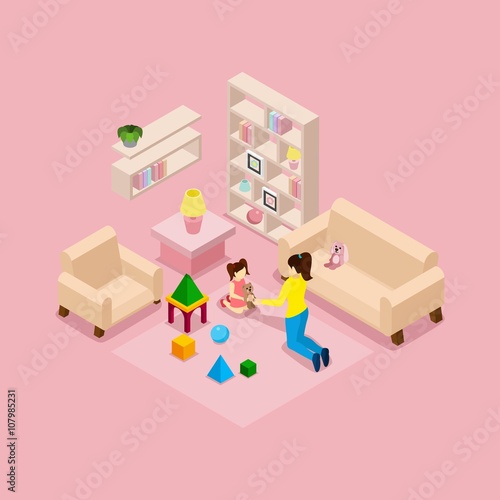 Mother And Daughter Playing Isometric Banner 