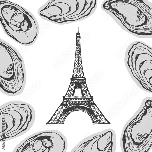 Wallpaper Mural Vector food illustration with set of oysters and Eiffel Tower Torontodigital.ca
