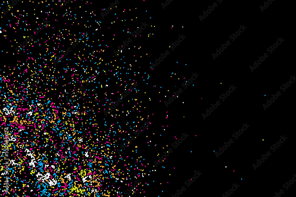Colorful confetti vector on black backgroung. Grainy abstract random texture design element. Colorful party background with glitter, sprinkles and space for your text on black. Distress.  - obrazy, fototapety, plakaty 