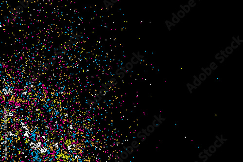 Colorful confetti vector on black backgroung. Grainy abstract random texture design element. Colorful party background with glitter, sprinkles and space for your text on black. Distress. 
