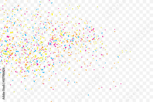 Transparent background with many falling tiny round random confetti, glitter and serpentine pieces blow and sprayed on transparent background. Isolated.
